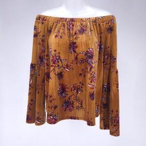 Boho Off Shoulder Floral Peasant Blouse Mustard Yellow Long Sleeve Women's M